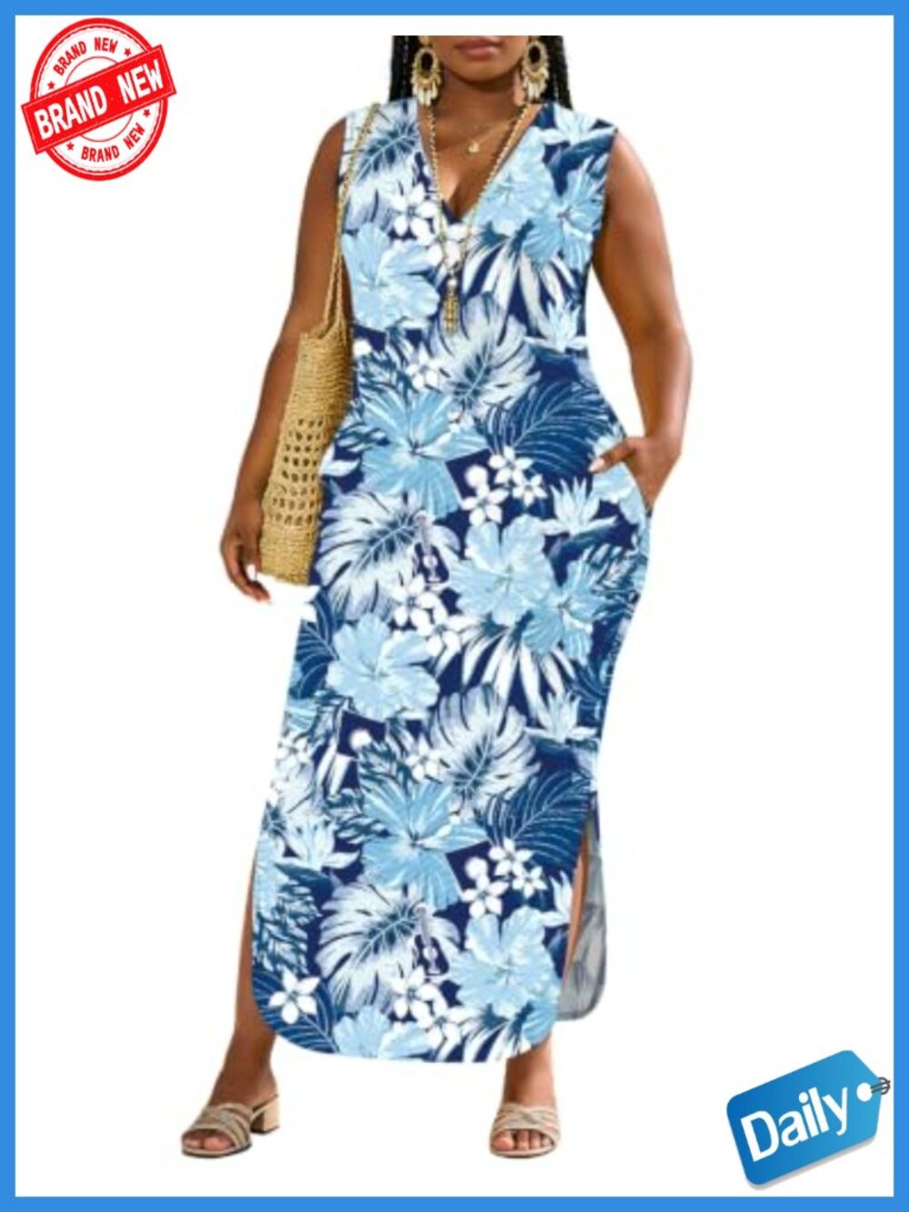 Plus Size Loose Maxi Dress with Pockets Sleeveless Casual Beach Boho